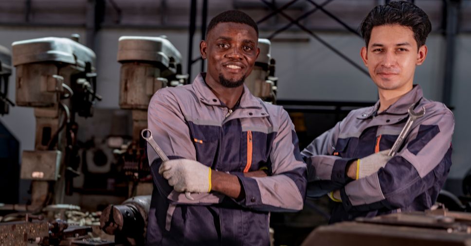 Dois homens sorridentes em uniformes de oficina, ilustrando o plano de carreira para mecânicos.