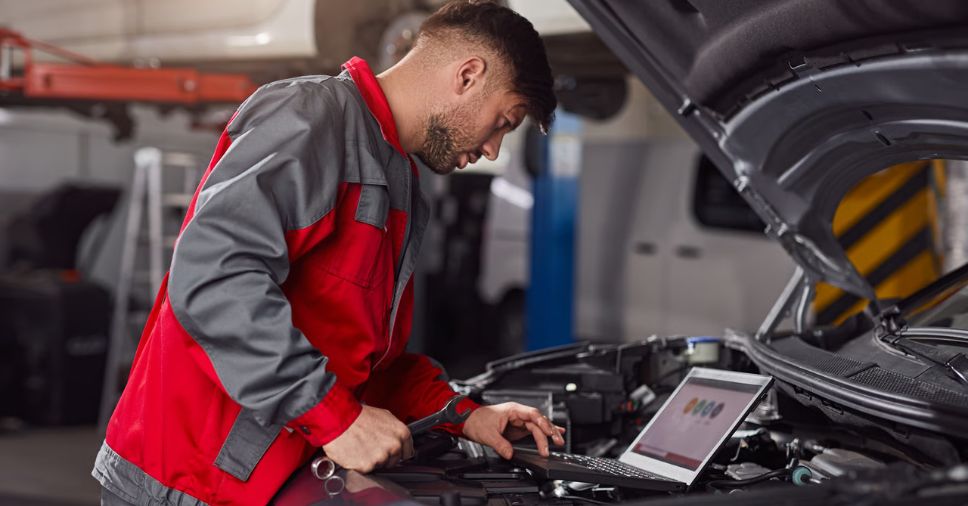 Profissional analisa o motor do veículo usando notebook para gerar uma OS digital para oficina.